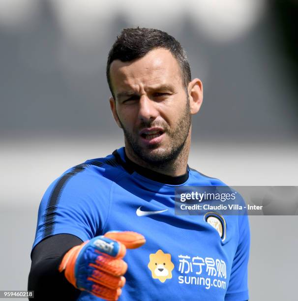 Samir Handanovic of FC Internazionale looks on during the FC Internazionale training session at the club's training ground Suning Training Center in...