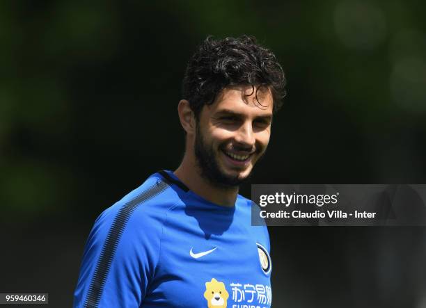 Andrea Ranocchia of FC Internazionale smiles during the FC Internazionale training session at the club's training ground Suning Training Center in...