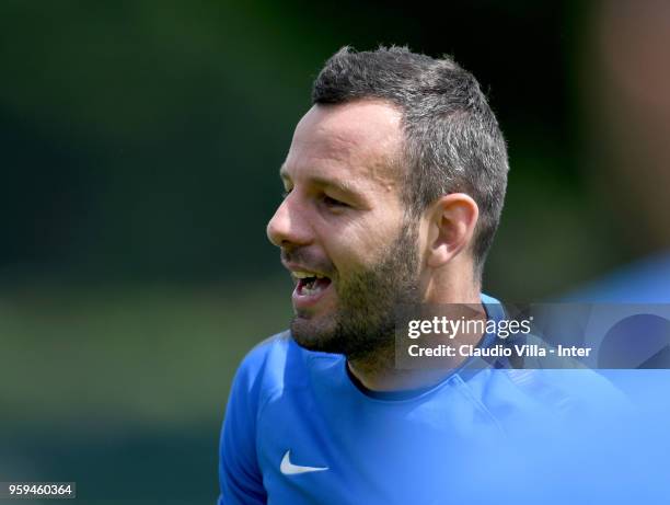 Samir Handanovic of FC Internazionale reacts during the FC Internazionale training session at the club's training ground Suning Training Center in...