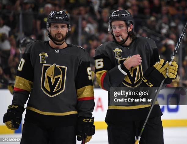 Tomas Tatar and Erik Haula of the Vegas Golden Knights talk during a break in play in the second period of Game Three of the Western Conference...