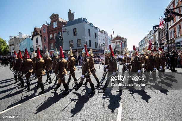 Military personnel take part in a dress rehearsal of the wedding of Prince Harry and Meghan Markle outside Windsor Castle on May 17, 2018 in Windsor,...