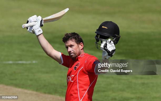 Paul Horton of Leicestershire celebrates his century during the Royal London One-Day Cup match between Northamptonshire and Leicestershire at The...