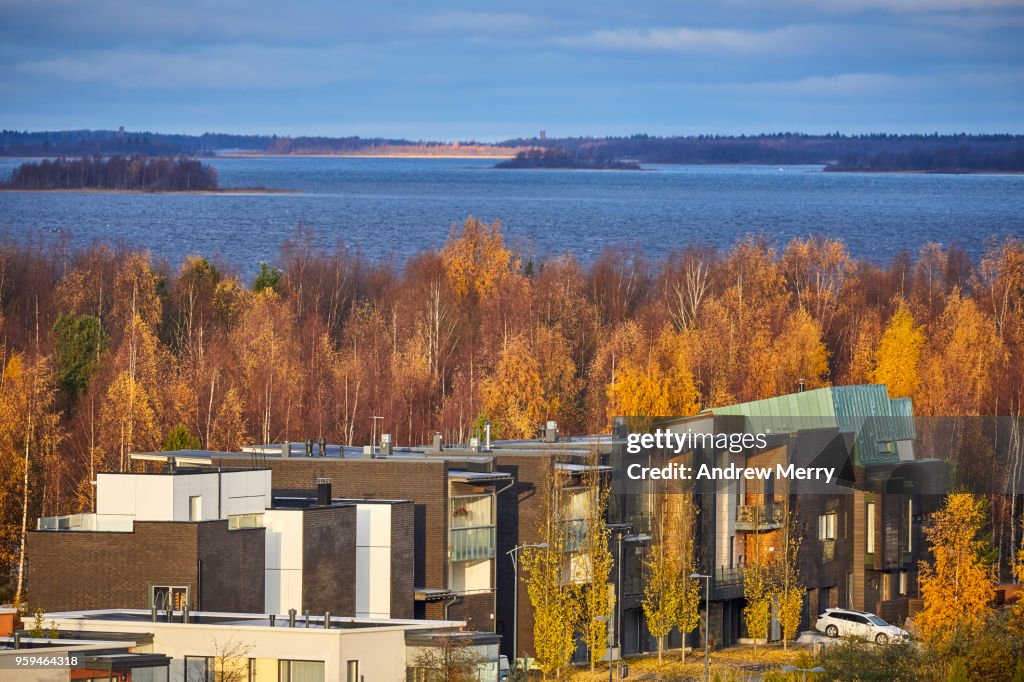 Modern Finnish houses and apartments in autumn, Oulu, Finland