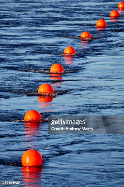 red buoy line, floating barrier in river - swimming lane marker bildbanksfoton och bilder