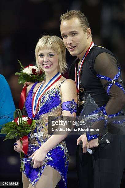 Championships: Caydee Denney and Jeremy Barrett victorious with gold medal after Pairs Program at Spokane Arena. Spokane, WA 1/16/2010 CREDIT: Heinz...