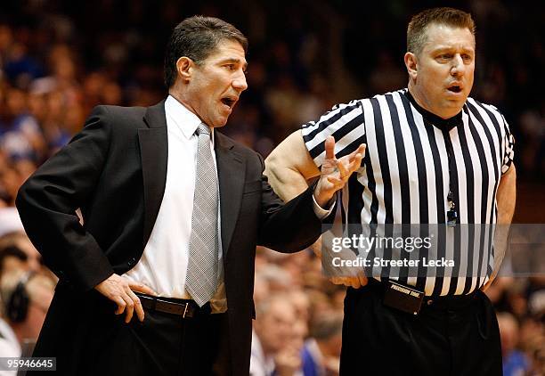 Head coach Dino Gaudio of the Wake Forest Demon Deacons argues a call with a referee against the Duke Blue Devils during their game on January 17,...