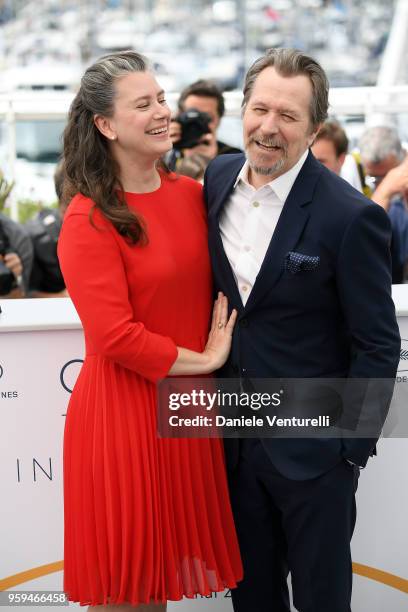 Gary Oldman and wife Gisele Schmidt attends the photocall for Rendez-Vous With Gary Oldman during the 71st annual Cannes Film Festival at Palais des...