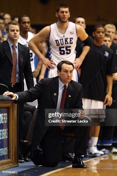 Head coach Mike Krzyzewski of the Duke Blue Devils watches the action during the game against the Wake Forest Demon Deacons on January 17, 2010 in...