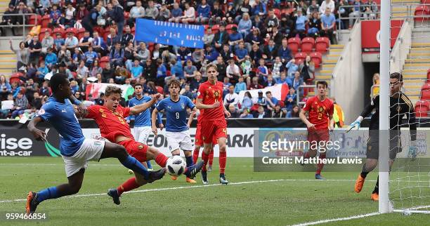 Emmanuel Gyabuaa of Italy scores a goal during the UEFA European Under-17 Championship Semi Final match between Italy and Belgium at the New York...