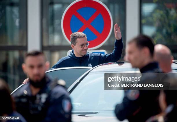 Olympique de Marseille's French president Jacques-Henri Eyraud gestures as he leaves the Marseille-Provence airport in Marignane, southern France, on...