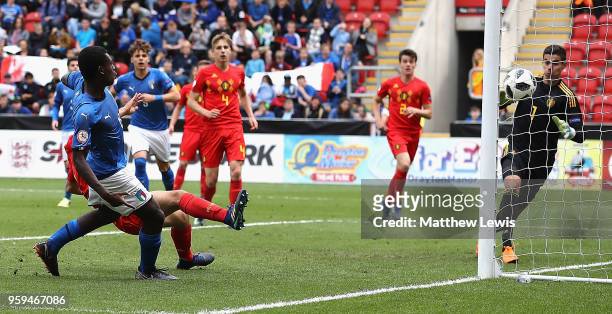 Emmanuel Gyabuaa of Italy scores a goal during the UEFA European Under-17 Championship Semi Final match between Italy and Belgium at the New York...