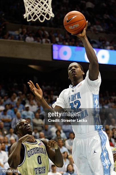 Ed Davis of the North Carolina Tar Heels puts a shot up during their game against the Georgia Tech Yellow Jackets at the Dean Smith Center on January...