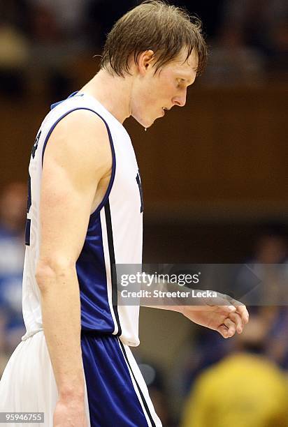Kyle Singler of the Duke Blue Devils walks on the court during the game against the Wake Forest Demon Deacons on January 17, 2010 in Durham, North...