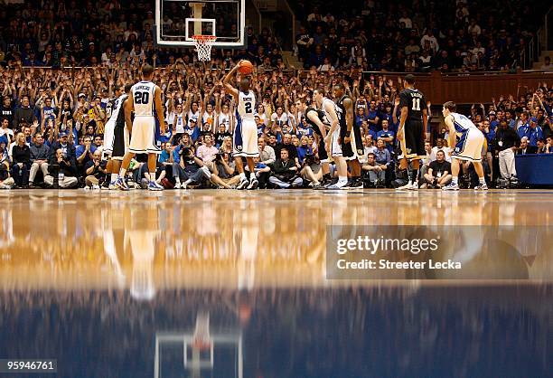 Nolan Smith of the Duke Blue Devils makes a free throw during the game against the Wake Forest Demon Deacons on January 17, 2010 in Durham, North...