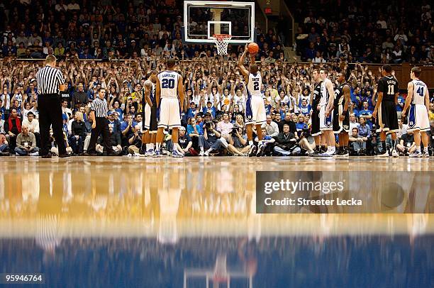 Nolan Smith of the Duke Blue Devils makes a free throw during the game against the Wake Forest Demon Deacons on January 17, 2010 in Durham, North...