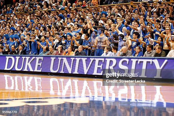 Fans of the Duke Blue Devils cheer during the game against the Wake Forest Demon Deacons on January 17, 2010 in Durham, North Carolina.