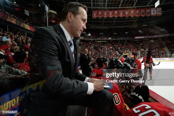 Calgary Flames assistant coach Dave Lowry watches the game against the Nashville Predators on January 15, 2010 at Pengrowth Saddledome in Calgary,...