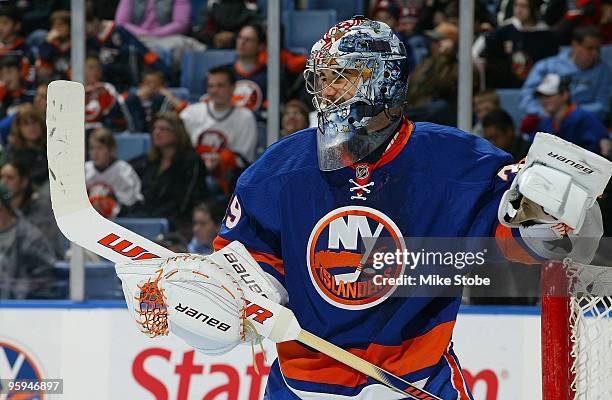 Goaltender Rick DiPietro of the New York Islanders skates against the Buffalo Sabres on January 16, 2010 at Nassau Coliseum in Uniondale, New York....