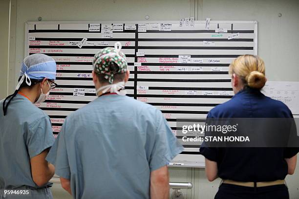 Medical personel check a chart aboard the USNS Comfort hospital ship on 22 January, 2010 in the harbor off Port-au-Prince, Haiti. The ruined Haitian...