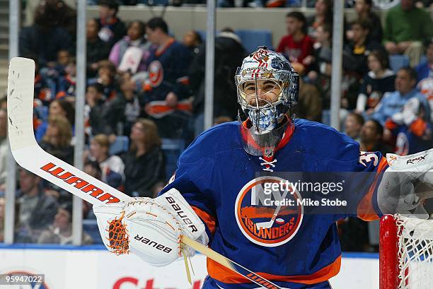 Goaltender Rick DiPietro of the New York Islanders skates against the Buffalo Sabres on January 16, 2010 at Nassau Coliseum in Uniondale, New York....