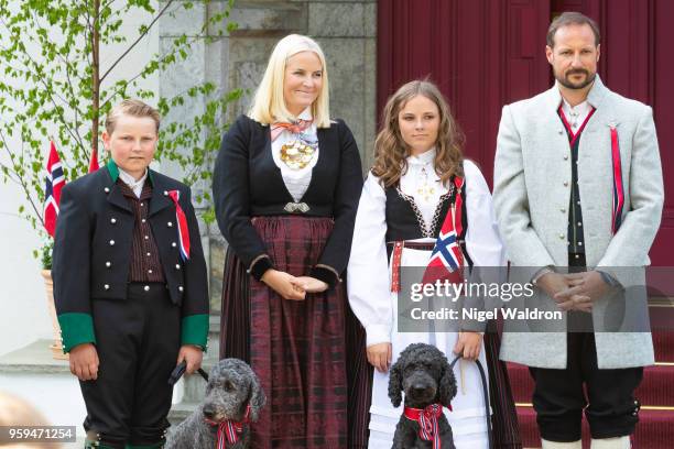 Prince Sverre Magnus of Norway, Princess Mette Marit of Norway, Princess Ingrid Alexandra of Norway and Prince Haakon Magnus of Norway wearing their...