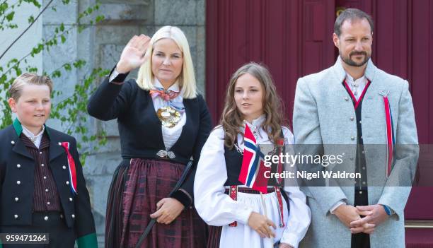 Prince Sverre Magnus of Norway, Princess Mette Marit of Norway, Princess Ingrid Alexandra of Norway and Prince Haakon Magnus of Norway wearing their...