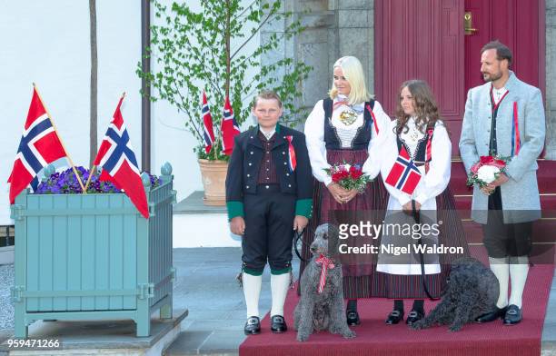 Prince Sverre Magnus of Norway, Princess Mette Marit of Norway and Princess Ingrid Alexandra of Norway, Prince Haakon Magnus of Norway outside their...