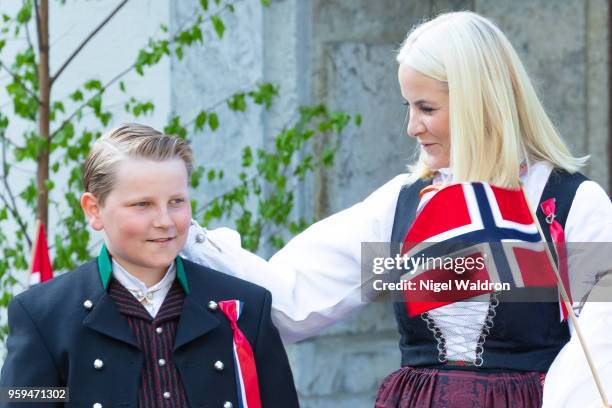 Prince Sverre Magnus of Norway and Princess Mette Marit of Norway outside their home at Skaugum Farm in Asker during Norway's National Day on May 17,...