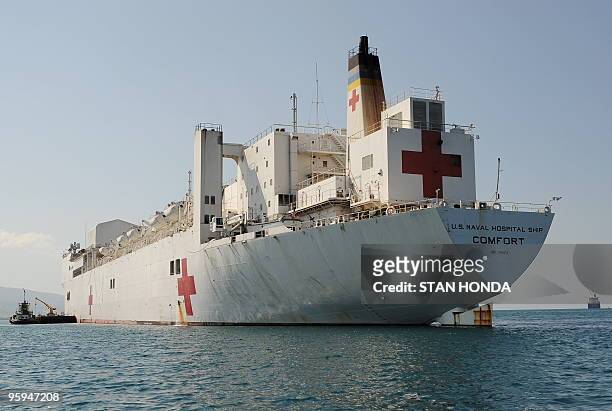 The USNS Comfort hospital ship is anchored off the coast of Port-au-Prince on 22 January, 2010. The comfort arrived to give lifesaving care following...