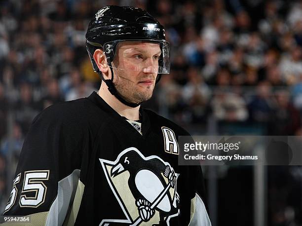 Sergei Gonchar of the Pittsburgh Penguins looks on against the Washington Capitals on January 21, 2010 at Mellon Arena in Pittsburgh, Pennsylvania.