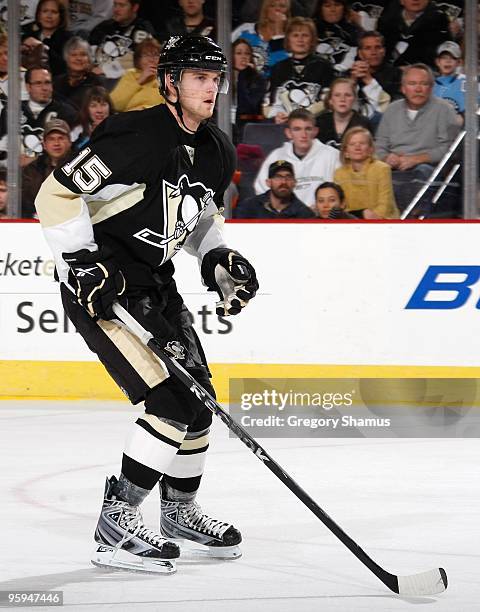 Dustin Jeffrey of the Pittsburgh Penguins skates against the Washington Capitals on January 21, 2010 at Mellon Arena in Pittsburgh, Pennsylvania.