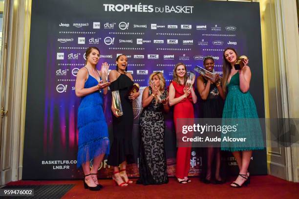 Michelle Plouffe, Nayo Raincock Ekunwe , Amel Bouderra, Marine Johannes and Valeriane Ayayi with their Jeep Elite All Star Team awards, and Alexia...