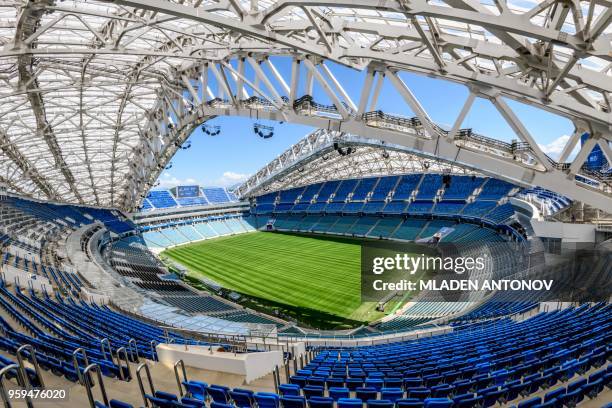 Photo taken on May 17, 2018 shows the pitch and the stands of the Fisht Olympic Stadium in Sochi. - During the 2018 FIFA World Cup in Russia, the...
