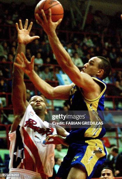 Jerome Mincy of Puerto Rico triest to block Brazilian Alex's shot during the semifinals of the Pre-World Basketball Tournament of the Americas in the...