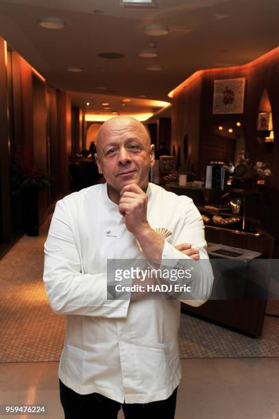 Chef Thierry Marx posing at the entrance of his restaurant "Le Sur Mesure", at Mandarin Oriental, Paris, on December 20th, 2017.