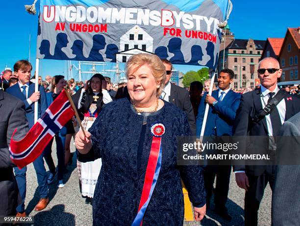 Norwegian Prime Minister Erna Solberg takes part in celebrations of the Norwegian national day in her home town Bergen, on May 17, 2018. / Norway OUT