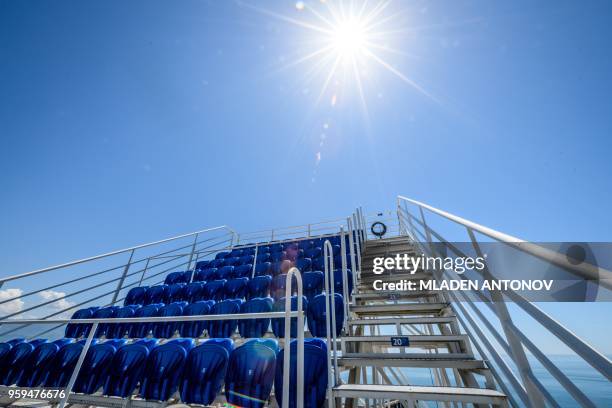 Photo taken on May 17, 2018 shows the stands of the Fisht Olympic Stadium in Sochi. - During the 2018 FIFA World Cup in Russia, the 40,000-seater...