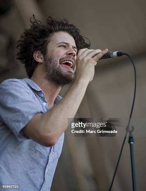 Michael Angelakos from the band Passion Pit performs on stage on the first day of the 2-day Sydney leg of the Big Day Out music festival at Sydney...