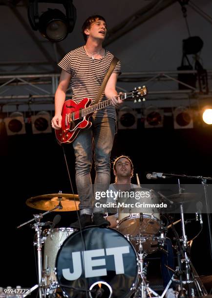 Nic Cesterand Chris Cester from the band Jet performs on stage on the first day of the 2-day Sydney leg of the Big Day Out music festival at Sydney...