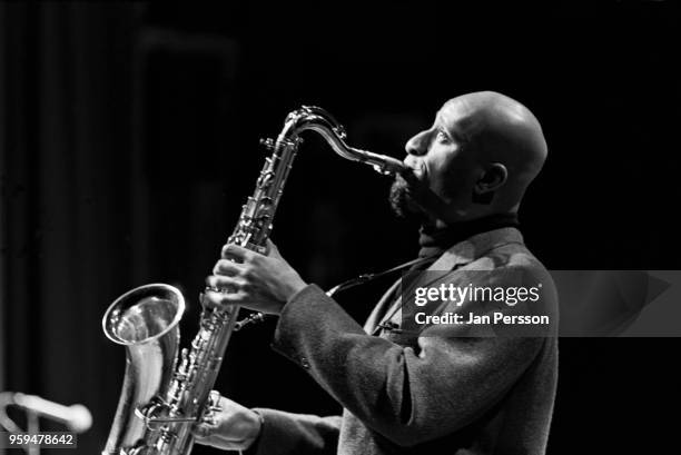 American jazz tenor saxophonist Sonny Rollins performing at Tivoli Gardens concert hall, Copenhagen, Denmark, 1965.