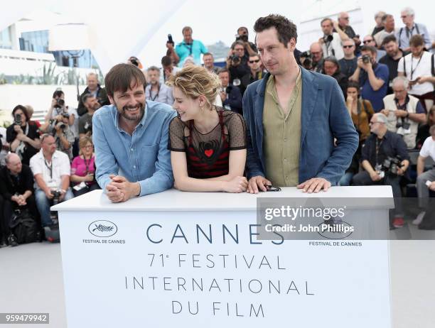 Ulrich Kohler, Hans Low and Elena Radonicich attend the "In My Room" Photocall during the 71st annual Cannes Film Festival at Palais des Festivals on...