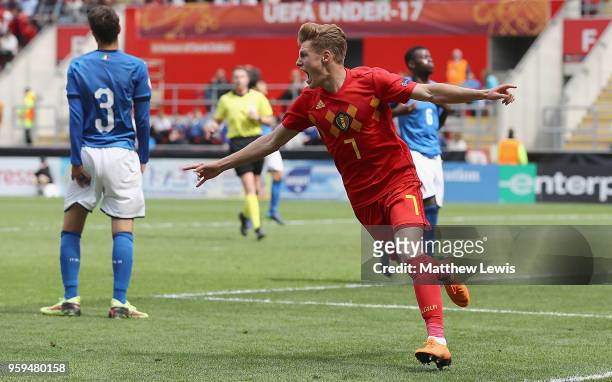 Yorbe Vertessen of Belgium celebrates his goal during the UEFA European Under-17 Championship Semi Final match between Italy and Belgium at the New...