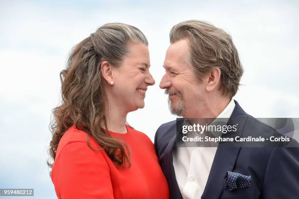 Gary Oldman and wife Gisele Schmidt attend Rendez-Vous With Gary Oldman Photocall during the 71st annual Cannes Film Festival at Palais des Festivals...