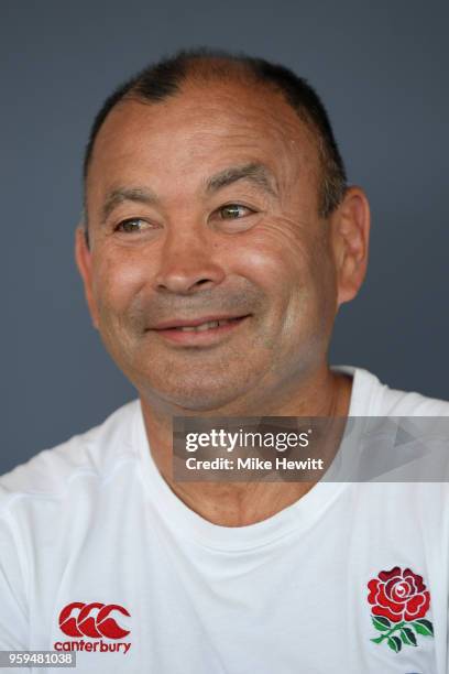 England coach Eddie Jones talks to journalists during an England RFU media briefing at Brighton Marina on May 17, 2018 in Brighton, England.