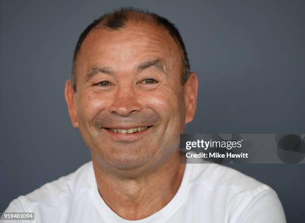 England coach Eddie Jones talks to journalists during an England RFU media briefing at Brighton Marina on May 17, 2018 in Brighton, England.