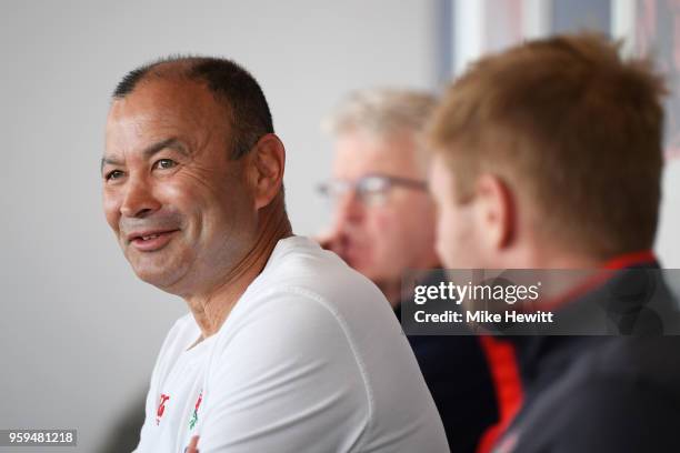 England coach Eddie Jones talks to journalists during an England RFU media briefing at Brighton Marina on May 17, 2018 in Brighton, England.