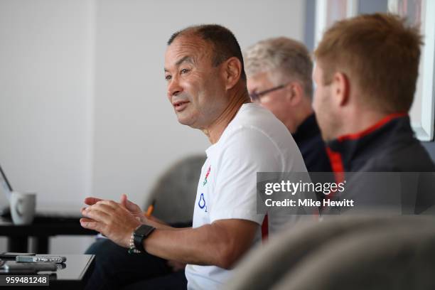 England coach Eddie Jones talks to journalists during an England RFU media briefing at Brighton Marina on May 17, 2018 in Brighton, England.