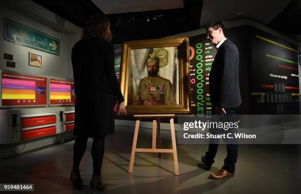 An official portrait of Khudadad Khan VC, the First Indian Recipient of the Victoria Cross, is placed on an easle for viewing during a commemoration...