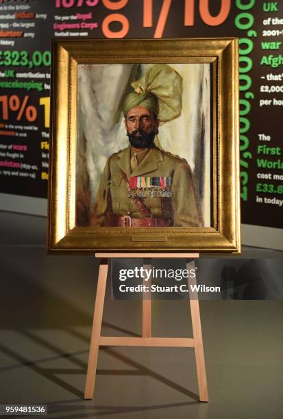 An official portrait of Khudadad Khan VC, the First Indian Recipient of the Victoria Cross, is placed on an easle for viewing during a commemoration...