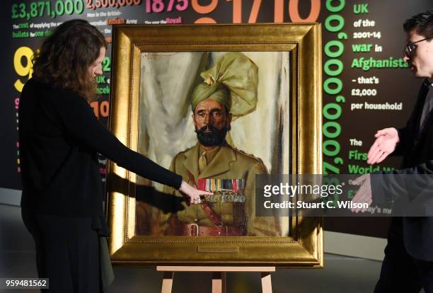 An official portrait of Khudadad Khan VC, the First Indian Recipient of the Victoria Cross, is placed on an easle for viewing during a commemoration...